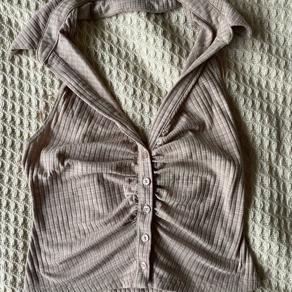 Garage Tan Ribbed Ruched Haulter Top